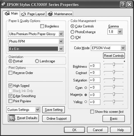 Make sure you choose the correct paper Type setting for the paper you are using (see page 28 for details). For more information about print settings, click the? or Help button. 6.