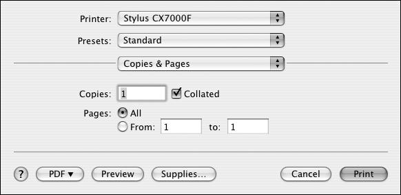 5. Select Print from the File menu. You see a window like this one: Select Stylus CX7000F Select Print Settings 6.