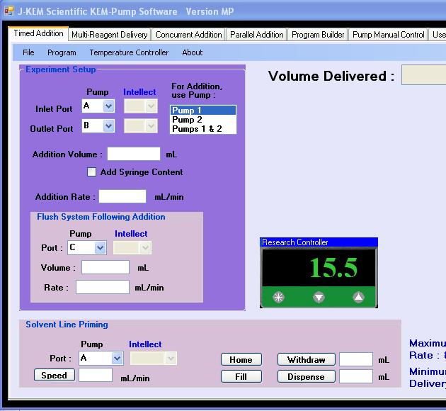 Enter a slow flow rate (5 ml/min) 7. If the volume of the delivery line is guessed to be 3 ml, enter 4 ml into the text box associated with the Dispense button, then click the dispense button.