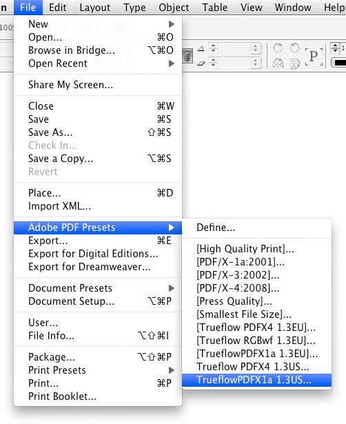 Running PDF/X Creating PDF/X Files in InDesign CS3 - CS6 63 PDF Export (when using Joboption for Trueflow PDF/ X-4 with CS3 or later) 1. Select "File / Adobe PDF Presets / Trueflow PDFX4 1.3US.