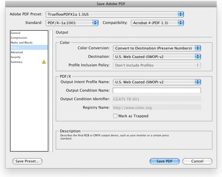 68 Creating PDF/X Files in Illustrator CS3 - CS6 EQUIOS / Trueflow DTP Output Guideline The 15th Edition IV. Output [PDF/X]: We recommend U.S. Web Coated (SWOP) v2 for the US version and Euroscale Coated v2 for the European version, but you can choose whichever setting you want.