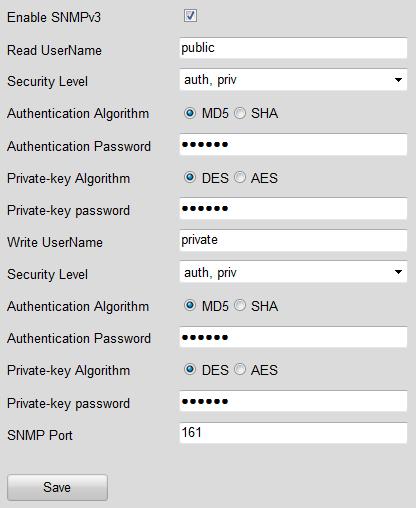 24 SNMP Settings (2) 5. (1) When the security level is set to auth, priv, you can configure the Authentication Algorithm and Private-key Algorithm parameters.