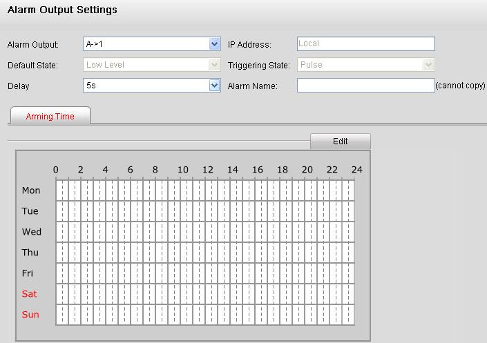 Note: If you choose Manual, you need to manually disable the alarm output. 4) Click Edit to enter the Edit Schedule Time interface.