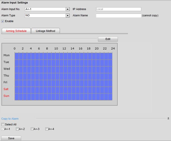 Figure 8.19 Alarm Input Settings-Arming Time 3. Check the checkbox of Enable to enable the alarm input. 4.