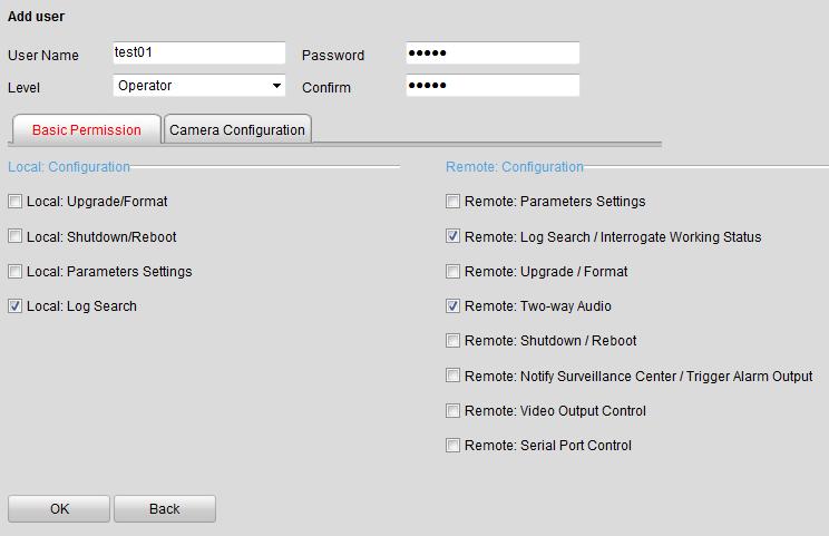2. Input the User Name and Password, and confirm the password. 3. Select the Level to Operator or User. Figure 11.