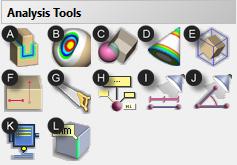 ANALYSIS TOOLS Use to analyze clay. A. Analyze Fit B. Tolerance Map C. Analyze Intersection D. Analyze Thickness E. Dimensional Bounding Box F. Ruler G.