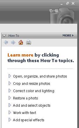 Clicking here brings up the Welcome Menu How To has been replaced by Guided Edit This is a great feature for the beginning Photoshop Elements user.