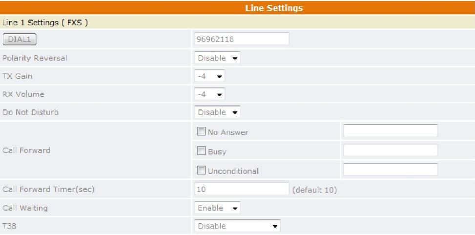 5.17 VoIP Line Settings Dial Button Allows the user to dial numbers using the web interface. Polarity Reversal Enable/Disable the polarity reversal signal. TX Gain Set a specific send audio level.