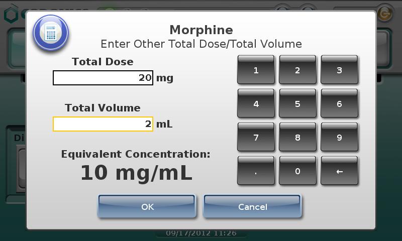 Press and/or drag the Dose/Volume list until the appropriate TD/TV entry and equivalent concentration is selected (that is, it is displayed under the blue highlighted bars). 4.