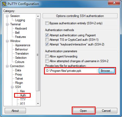 5. Click Auth under the SSH menu in the left Category list, and click Browse to download the private key file to SSH client software and click Open. Figure 1-12 Download the Private Key 6.