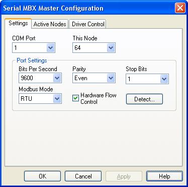 Settings Tab The Settings tab allows you to configure the serial port settings, to choose whether you want to use RTU or ASCII mode, and to select the Modbus Plus equivalent node address for the