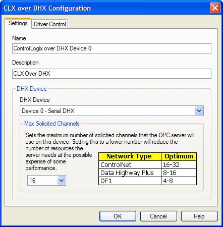 When you create or edit a CLX over DHX device, the CLX over DHX Configuration editor is launched. This editor consists of two tabs, Settings and Driver Control.
