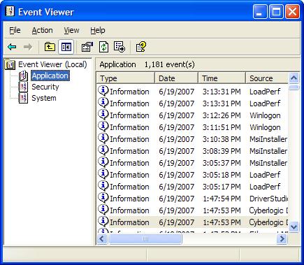 2. If you are looking for entries relating to the DHX Driver, select System from the Event Viewer tree. For other drivers, such as the Ethernet DHX Driver or Serial DHX Driver, select Application. 3.