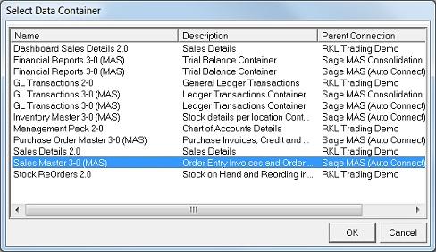 Getting Started Guide - Sage MAS Intelligence 500 6. Select the data container from which you want to source your data; e.g., Sales Analysis. The Choose Column fields window opens.