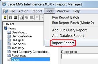 Getting Started Guide - Sage MAS Intelligence 500 Importing Reports Reports can be exported from one system and imported into another. The export function creates a compressed file with an.