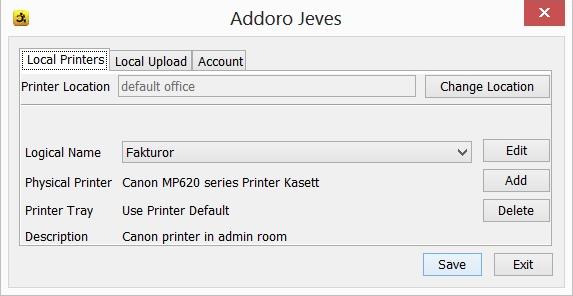 The local printers tab consists of a list of printers that should be exposed in the Addoro UI. Every printer has a logical name, physical name, Printer Tray and description.