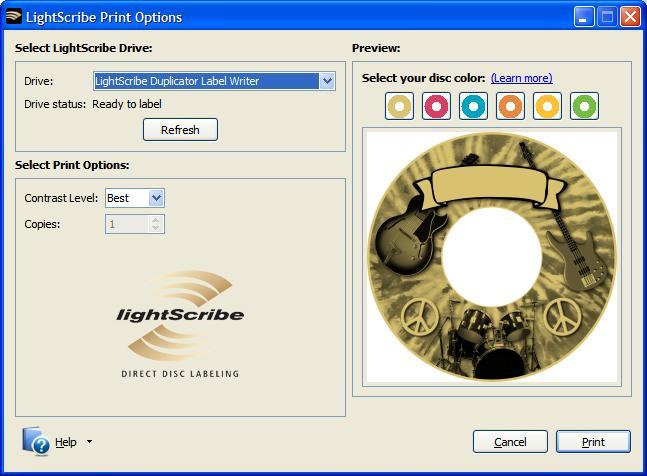 Step 5: Click on "Preview and Print" to bring up the print window. Select the LightScribe Duplicator Label Writer as the LightScribe Drive. (7) Select the "Best" contrast mode for the darkest print.