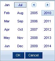 Click, which is adjacent to the year, to show a list of years and months. Select the desired year from the list to the right and click OK.