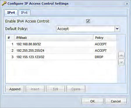 Chapter 5: Using the Web Interface 5. When finished, the rules appear in the Configure IP Access Control Settings dialog. 6. Click OK to save the changes. The rules are applied.