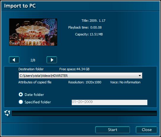 Importing content to a computer (Import to PC) Current item/total items Thumbnail of content to import A Previous/next Name, length, and size of content Resolution and audio format Close window