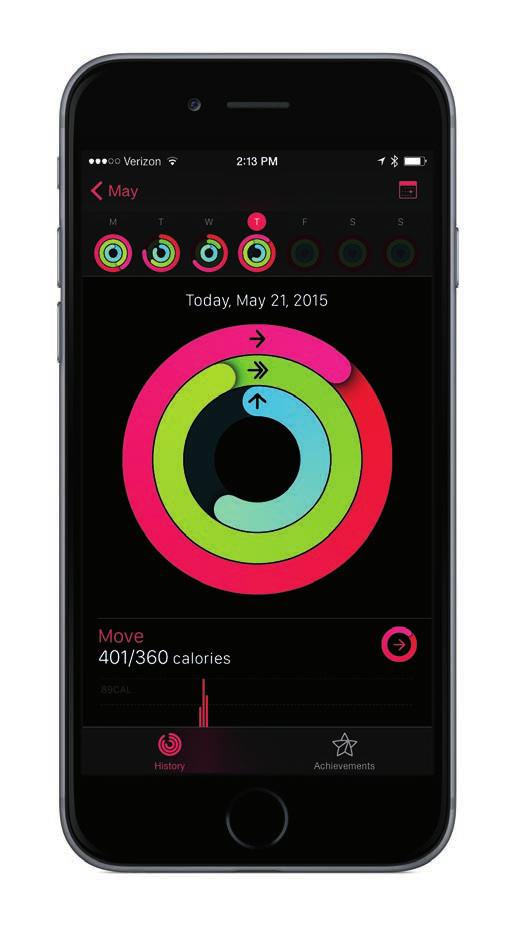 iphone Activity App For a more comprehensive look at your fitness, launch the Activity app on your iphone. Here you ll see a complete history of workouts logged with the Apple Watch.