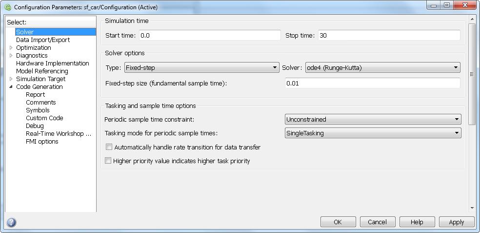 Solver settings These are the recommended settings for Configuration Parameters -> Solver Model Exchange export: Both Variable-step and Fixed-step solvers supported (recommended to use Variable-step