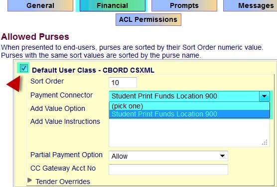 Allowed Purses: Check the Checkbox next to the CBORD CSXML Pay Method configured in step 3 Payment Connector: Select the drop down menu and select the