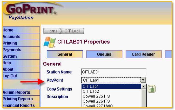 STEP 5 Enabling the CBORD settings at the Print Release Station GENERAL PayPoint: Select your PayPoint from the