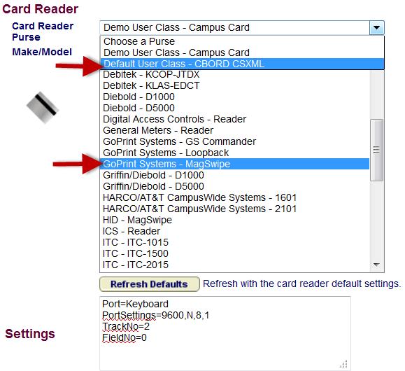 CARD READER If users are required to swipe a student card to connect to their CBORD account, you must associate the CBORD Purse and configure the proper card reader device from the list of available