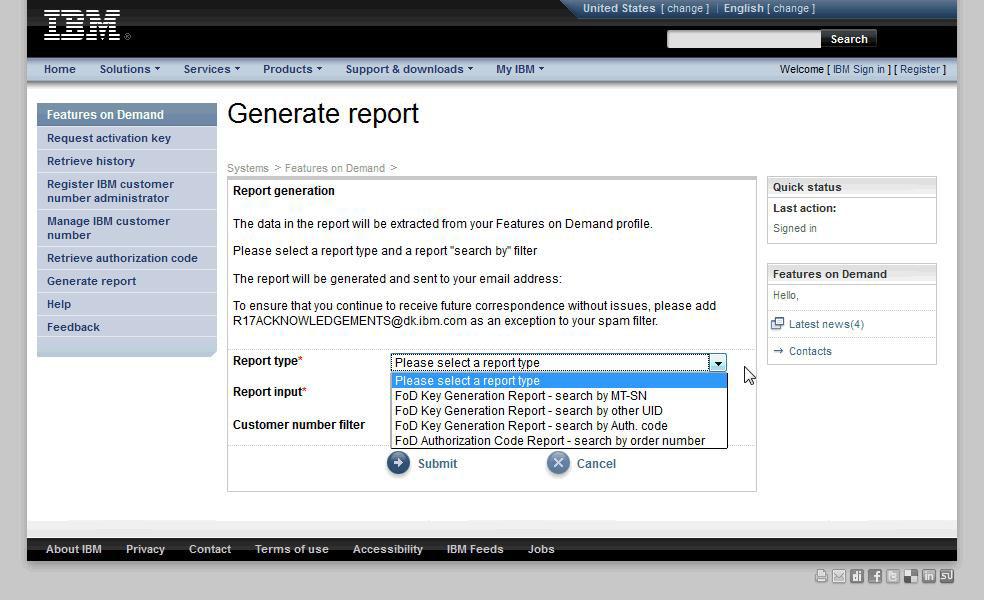 Generating a report On the Generate report page, you can create seeral report types based on specified criteria and entered information. A comma separated alue (.