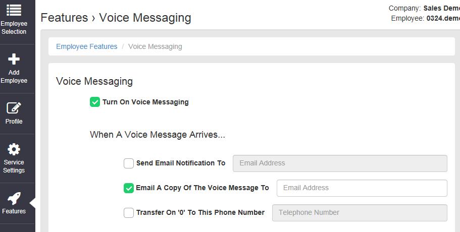 This means that voice and fax messages are stored in the User s mailbox for access and management via their Voice Portal, but are also sent to the specified email address with the voice or fax