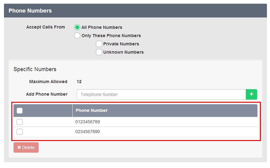 The numbers and/or digit strings will be displayed in the Phone Number list.