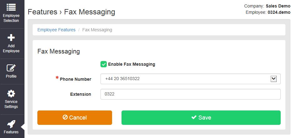 Enable/disable Fax Messaging as required. Administrators can select a Phone Number and enter an Extension.