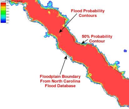 Figure 6-27: A close-up of the comparison of the 100-year floodplain boundary from the North Carolina database with the flood probability contours 6.1.5.