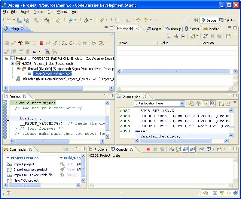 Workbench Window Debug Perspective 7 8. Workbench toolbar containing commands for Debug perspective. Debug view. Debug view toolbar. Editor area. Show View as a fast view button.