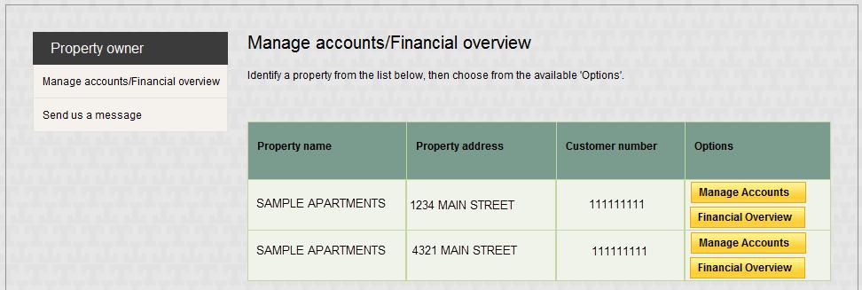 Manage Accounts/Financial Overview Once logged in, all the properties available will be displayed.