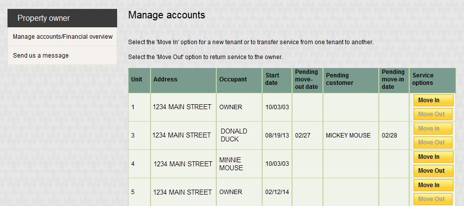 Manage Accounts The Manage accounts screen displays the current occupant and pending activity for all eligible units. The list of addresses is sorted by unit number.
