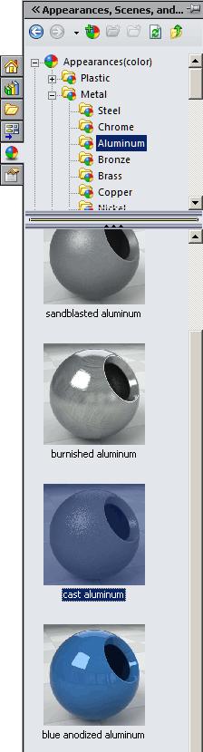 In the Appearances Task pane, expand Metal, click Aluminum and in the lower pane select cast aluminum, Fig. 85. Step 5.