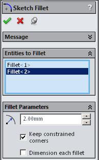Step 11. Click Sketch Fillet (S) on the Sketch toolbar. Step 12. In the Sketch Fillet Property Manager set: under Fillet Parameters, Fig.