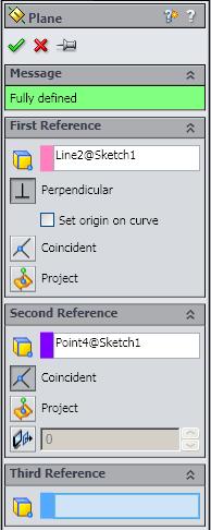 To show, expand Loft1 in the Feature Manager under Hide/Show column for Sketch1 click Hide to turn off hide, Fig. 30. Fig. 30 Step 4. Click Reference Geometry from the menu.