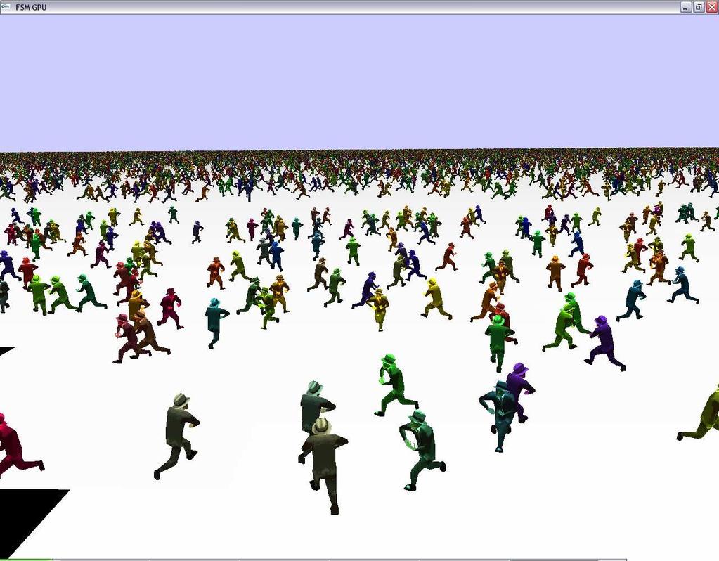 The main reason of the frame rate reduction is that in certain moments, the number of characters rendered at full detail is higher than in the spinning example.