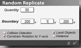 Step 10 Now let's make some magic. Go to the Edit Menu and choose Random Replicate. This will allow us to instance a specific number within a specified boundary (see at right).