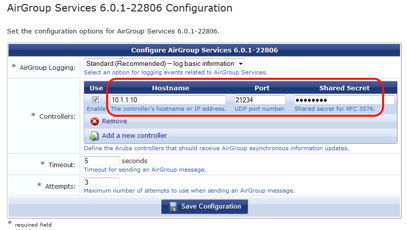 Figure 117 Configure AirGroup Services Controller Settings 5. Click Save Configuration.