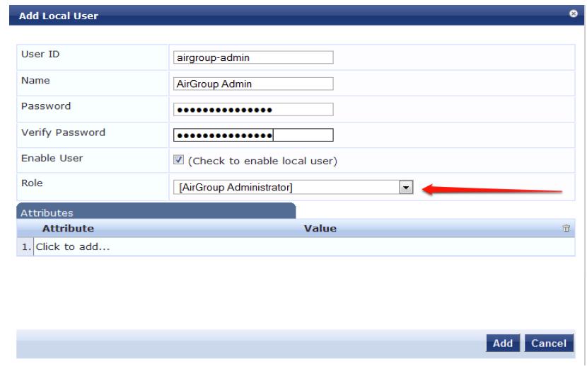 Figure 119 Create an AirGroup Administrator 4. In this example, the password used is test123. Click Add. 5.