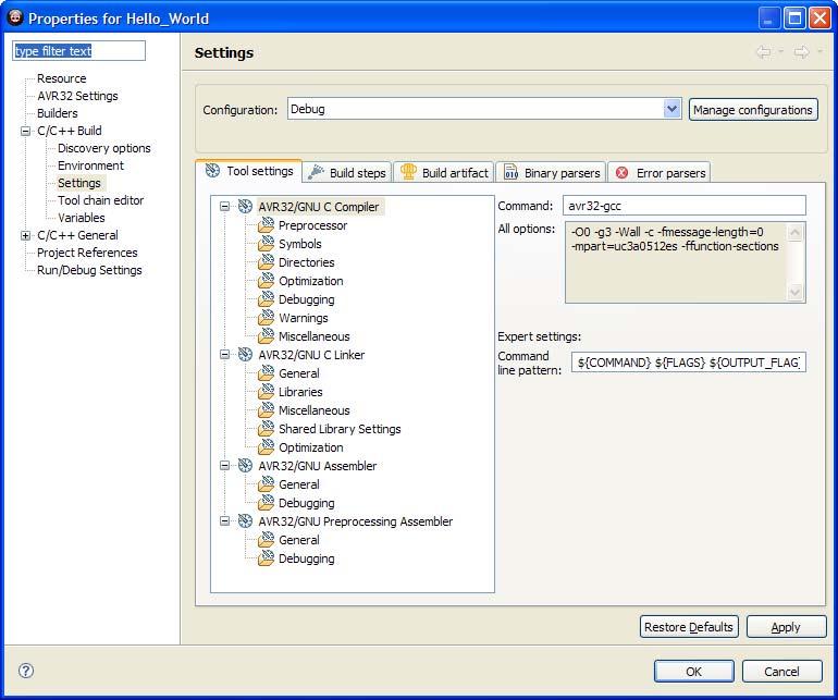 Figure 18 Setting build configuration properties By default is the Debug configuration active because it provides the debugging information needed for a debugger.