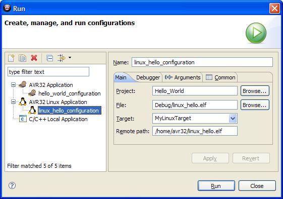 create one for your project either by double-clicking on AVR32 Linux Application or by clicking on the menu item New Launch Configuration. Fill the out the configuration similar to Figure 25.