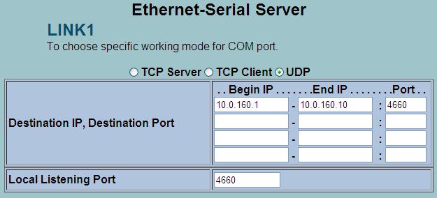 3.3.8. Link Mode: Configure SE5001A in UDP SE5001A also supports connectionless UDP protocol compared to the connection-oriented TCP protocol.