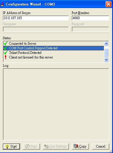 Figure 4.12 Virtual COM License Exception c. If there is a check with Telnet Protocol Detected and an exclamation mark with Client not licensed for this server (Figure 4.