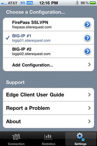 Figure 3: BIG-IP Edge Client configuration page on ios and Android devices BIG-IP Edge Client offers additional features such