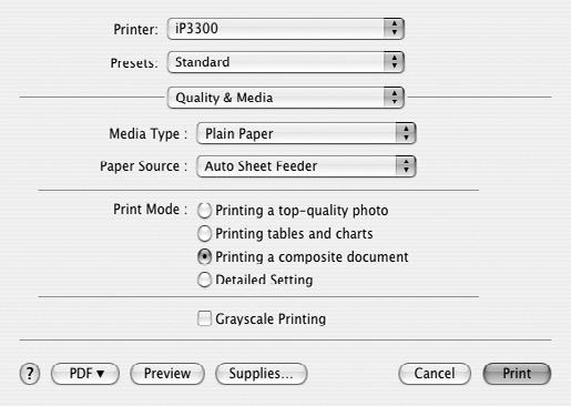5 Select the desired paper size in Paper Size. 6 Click OK. 7 Select Print on the application software s File menu. 8 Select Quality & Media in the pop-up menu. 9 Specify the required settings.